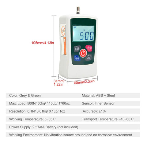 Rock Solid Digital Force Gauge With Dead On Accuracy, 500N Push Pull Meter on display showing max load and buttons.