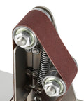 Close-up of Compact Mini Belt Sander Featuring Easy Peasy Speed Tweaks and Dual Direction Rotation roller mechanism.