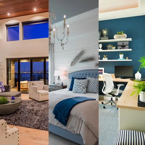 Living room, bedroom, and home office showcasing Table Top Plug In Lamp Dimmer for Dimmable LED Halogen and Incandescent Bulbs with No Sweat Plug and Play Setup and Crisp White Finish to Level Up Your Home Lighting Mood Every Day.