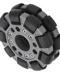 100mm double omni-directional robot wheel with gray hub and black rubber rollers (side view)