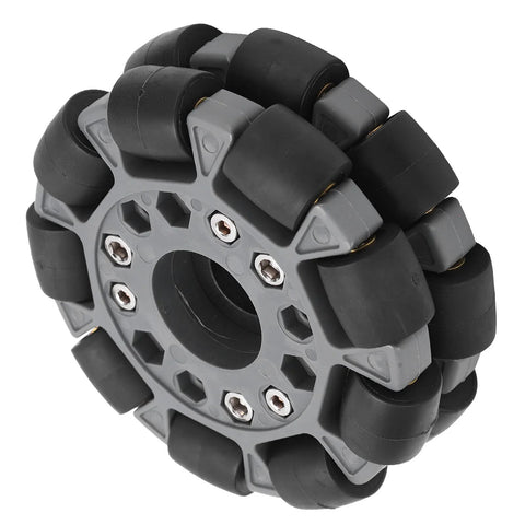 100mm double omni-directional robot wheel with gray hub and black rubber rollers (side view)