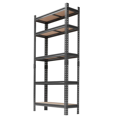 Hella Sturdy Heavy Duty Metal Shelving Rack With Five Adjustable Tiers For Garage And Workshop Storage Rust Resistant Carbon Steel side view.