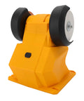 Top Shelf Mini Bench Grinder With 18V Compatible Battery For Precision Sharpening And Metal Polishing Portable Workstand view showing the yellow body and twin discs.