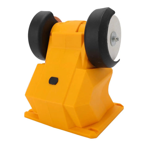 Top Shelf Mini Bench Grinder With 18V Compatible Battery For Precision Sharpening And Metal Polishing Portable Workstand view showing the yellow body and twin discs.