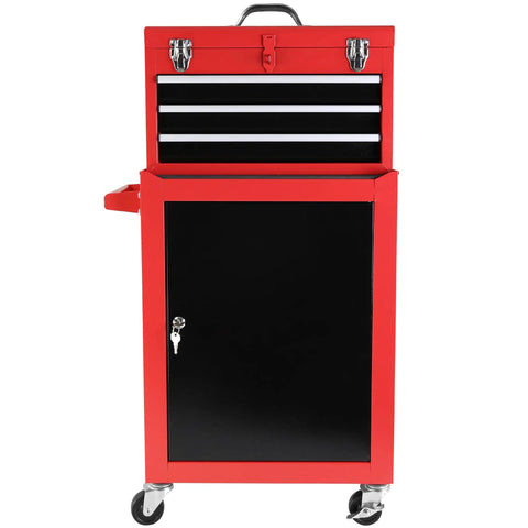 Hella Durable Three Drawer Rolling Tool Chest With Removable Top Box And Adjustable Cabinet Shelf Featuring Heavy Duty Door Hooks For Weekend Projects In Bold Red front view with three drawers and a cabinet.