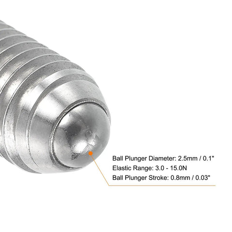 Close-up of Heavy Duty Ball Point Set Screws M4 X 12mm 304 Stainless Steel Spring Loaded Hex Socket Fasteners showing plunger details.