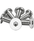 Ultra Low Profile Hex Socket Machine Screws In Tough 304 Stainless Steel Sizing From M2 To M6 arranged in a circular pattern.