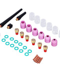 Rock Hard TIG Welding Torch Accessory Kit Features Pro Grade Collets Gas Lens Assembly And Ceramic Cups For WP9 WP20 WP25 Plus Shop Ready Gear with purple gas cups, black torch tips, and copper collets.