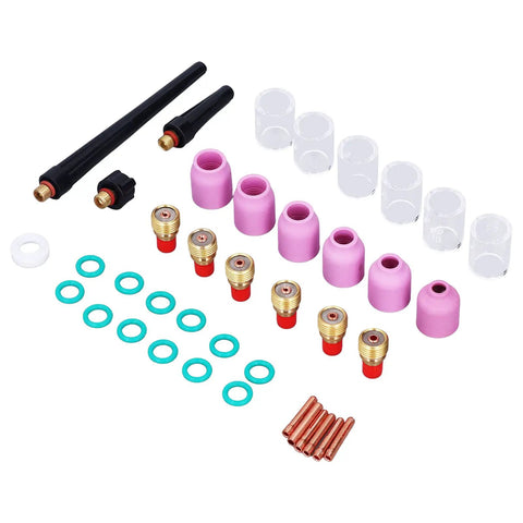 Rock Hard TIG Welding Torch Accessory Kit Features Pro Grade Collets Gas Lens Assembly And Ceramic Cups For WP9 WP20 WP25 Plus Shop Ready Gear with purple gas cups, black torch tips, and copper collets.