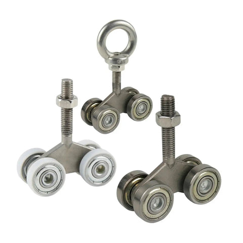 Heavy Duty Sliding Door Rollers With Smooth Nylon Track Wheels For Workshop Doors And Hanging Curtains Flanged Bearing Pulleys shown with three pulleys and bearings.