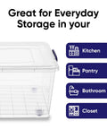 Sixty Quart Clear Stackable Storage Bins With Tight Lids Hella Huge Plastic Totes For Kitchen Pantry Organization BPA Free food safe container with lid.