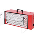 Portable Red Steel Tabletop Dust Collector Packing Killer 725CFM Airflow And Smooth Variable Speed Controls For Woodworking Shops showing filters.