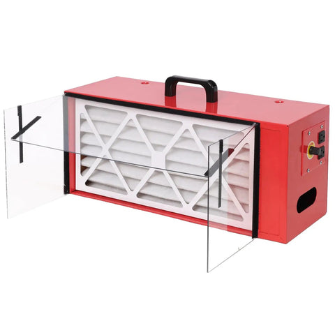 Portable Red Steel Tabletop Dust Collector Packing Killer 725CFM Airflow And Smooth Variable Speed Controls For Woodworking Shops showing filters.