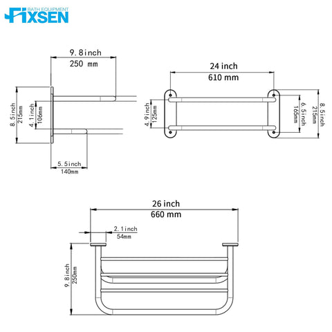 Technical diagram of 24 Inch Towel Rack With Top Shelf And Single Bar, Stainless Steel And Zinc Alloy Wall Mount Chrome Bathroom Accessory