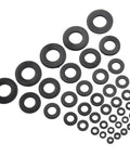 Nylon Flat Washer Set 500-Piece Assortment M2 To M10 Black Durable Nylon Washers For Auto, Home And Workshop DIY Projects With An Organized Storage Box For Easy Sorting And Quick Access. Black nylon flat washers in assorted M2 to M10 sizes, arranged by size