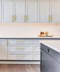 Top Shelf 10 Pack Brushed Gold Cabinet Pulls With 10 Inch Hole Center For Kitchen And Bathroom Slick modern drawer handles on white cabinets.