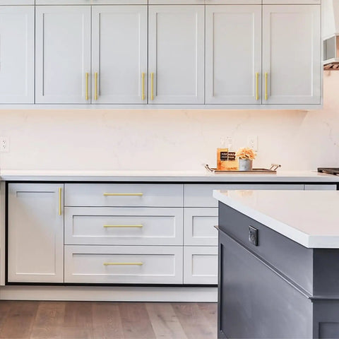Top Shelf 10 Pack Brushed Gold Cabinet Pulls With 10 Inch Hole Center For Kitchen And Bathroom Slick modern drawer handles on white cabinets.