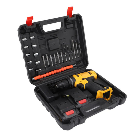 21V Cordless Drill 35Nm Impact Driver Kit 2 Speed Screwdriver Tool in a black carrying case with accessories.