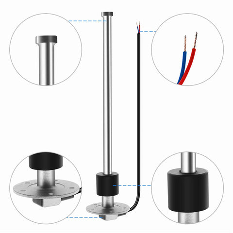 Built Like A Tank 34 Inch Fuel And Water Tank Sending Unit With 230 To 33 Ohm Signal Output For Boats Trucks Rv, showing stainless steel sender and wiring.