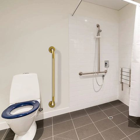Straight Up Heavy Duty Brushed Gold Grab Bar 32 Inch Shower Safety Handrail Anti Slip Knurled Grip Wall Mount Support For Seniors installed in bathroom setting.