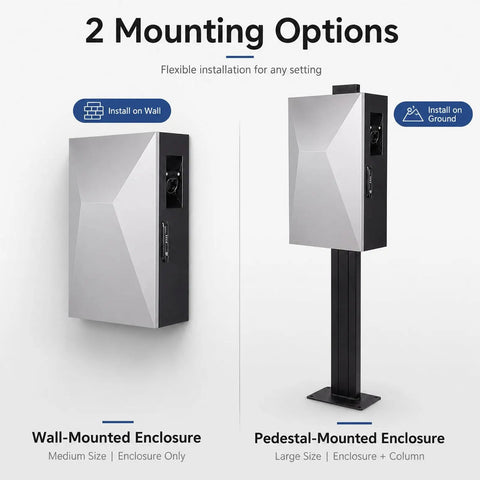 Heavy Duty EV Charger Lock Box With All Weather Rugged Cold Rolled Steel Guard For Safe Outdoor Wall Mount Storage. Two mounting options shown.