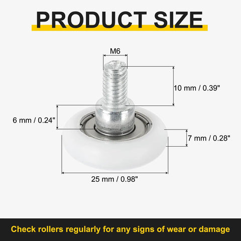 Close-up of Heavy Duty White Nylon Drawer Roller with M6 threaded shank, 25mm wheel, highlighting dimensions for smooth motion.