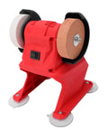 No Nonsense Cordless Bench Grinder Packing 5500 RPM And 70mm Dual Wheels, red compact tool for quick deburring tasks.