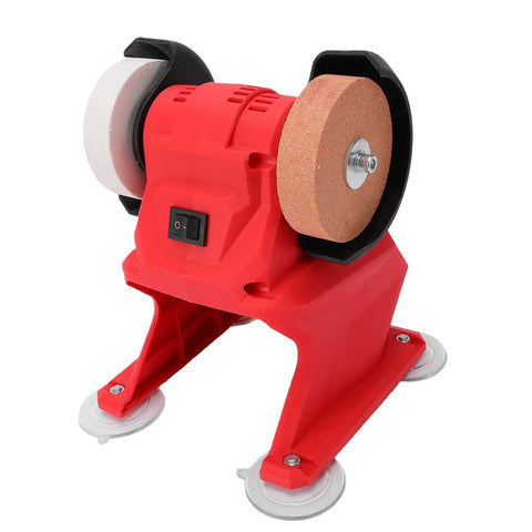 Heavy Duty Cordless Bench Grinder With 70mm Grinding Wheels And 5500 Rpm High Speed Motor with red body and dual grinding wheels.