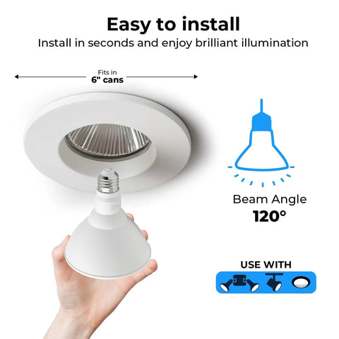 TopShelf Led Flood Light Bulbs Outdoor Dimmable 3000k Soft White 100 Watt Equivalent Warm Glow showing installation details and beam angle.