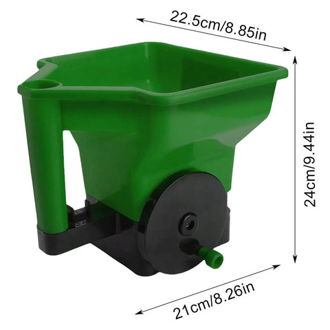 Precision Handheld Lawn And Yard Spreader With Crank Handle Anti Clog Hopper, green, ABS/PP, 22.5x21x24 cm, front view