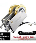 Stainless Steel Double Copper Wheel Bearing Rollers For Sliding Doors Windows And Shower Tracks Ride Like A Dream Tight Fit Zero Drama Setup Heavy Duty Furniture Hardware Replacement Set Of 4 close-up view of copper wheel roller with stainless steel body