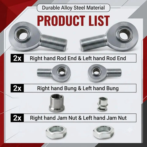 Knockout Beefy Heim Joint Rod End Kit Machined From Top Shelf Heat Treated Chromoly Steel Featuring A Slippery Hard Chrome Sleeve For Dead Tight Axle Control And Rugged Drag Racing Builds with product list including rod ends and bungs.