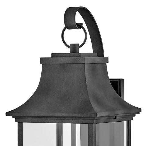 Extra Large Outdoor Wall Lantern Featuring Heritage Brass And Aged Zinc Finish Dang Tough Aluminum Build Clear Glass Panels Classic Coach Light Silhouette close-up of lantern top and hook