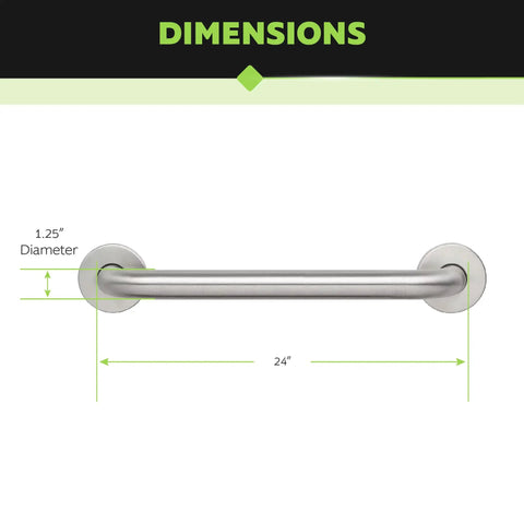 24 Inch Bathroom Grab Bar With Rock Solid Brushed Stainless Steel dimensions showing 1.25 inch diameter and 24 inch length.