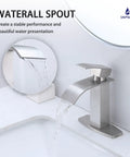 Modern Single Handle Gold Vessel Sink Faucet With Brushed Gold Finish, waterfall spout detail, contemporary bathroom decor.