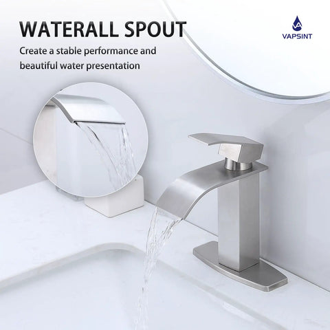 Modern Single Handle Gold Vessel Sink Faucet With Brushed Gold Finish, waterfall spout detail, contemporary bathroom decor.