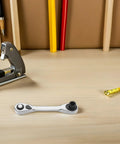 Heavy Duty Mini Ratchet Wrench 2 Pc Double Ended Socket Set Featuring A Smooth 72 Tooth Quick Release Drive on a workbench.