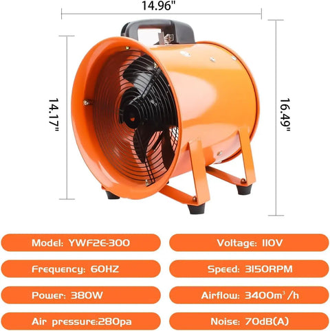 12 Inch High Velocity Portable Utility Blower Fan For Basements And Workshops, Industrial Exhaust Ventilator At 3150 RPM With Low Noise
