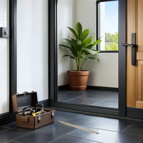6 Piece Automatic Door Closer Spring Set for Cabinets and Doors with adjustable tension next to a toolbox on tiled floor