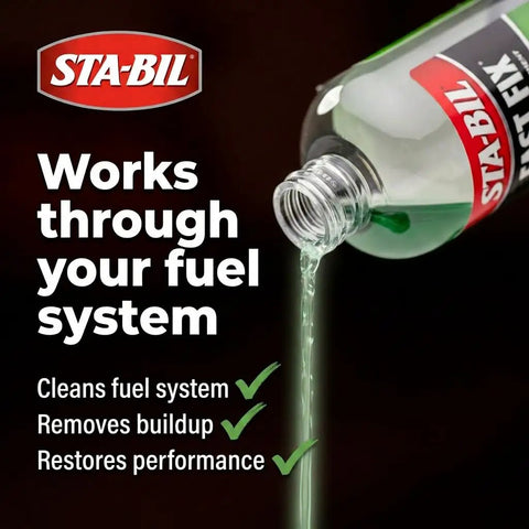 Kickstart Your Rig Small Engine Fuel Treatment And Carb Cleaner pouring from bottle, clear liquid, effective for fuel system cleaning.