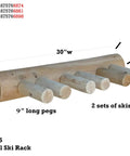 Built Tough Game Changing Heavy Duty Solid Wood Log Style Wall Mount Ski Rack Holds Six Pairs Of Skis And Poles Indoor Garage Wall Space Saver Organizer Rack Natural Finish showing dimensions and peg details.