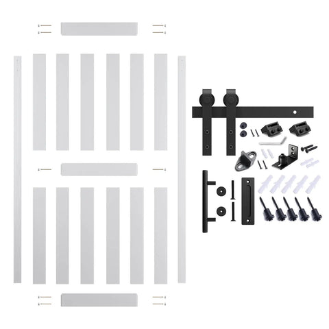 Smooth Sliding Barn Door Hardware Kit 40X84 Inch components including track, panel, and installation hardware laid out on surface.