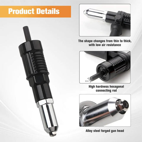 Heavy Duty 3 Piece Pop Rivet Gun Adapter Kit For Cordless Power Drills Built Tough Steel Riveting Tool Attachment with alloy steel head.