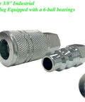 Close-up of 3/8 Inch Industrial Coupler and Plug with 6-ball bearings for Reinforced Polyurethane 3/8 Inch ID Air Hose, 100 Ft, 300 PSI.