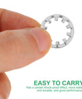 Close-up of a stainless steel internal tooth locking washer with serrated edges from the 300-piece assortment kit.