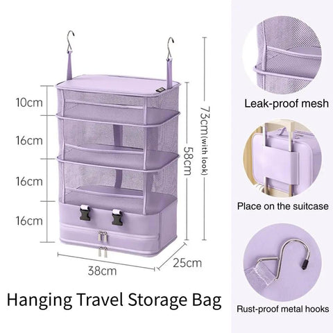 Heavy Duty Hanging Travel Shelf Bag Organizer For Luggage Suitcase With Ventilated Mesh Pockets And Water Repellent Nylon Fabric in purple, featuring hooks and storage compartments.