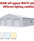 Heavy Duty Steel Barn Garage With Roll Top Metal Doors For Trucks Tractors Rvs Atvs And Workhorses Storage Shelter side view showing color variations under lighting.
