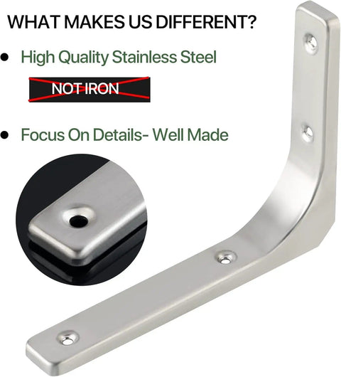 Heavy Duty Floating Shelf Brackets 8 Inch By 6 Inch Stainless Steel L Brackets Brushed Nickel Wall Supports For Wood Shelves 4 Pack Built To Last Load Bearing Corner Mounts For Kitchen Bathroom Garage