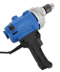 Heavy Duty Corded Mixing Drill With Six Speed Settings Up To Three Thousand Rpm Built Like A Real Workhorse For Paint And Mortar Blending, side view with blue and silver design.