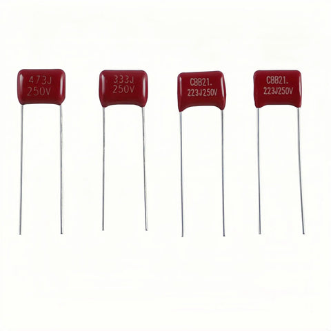 Four CBB22 capacitors with radial leads showing voltage ratings of 250V, part of Makers Market Essentials Delivering Three Hundred Drop Dead Reliable Cbb22 Capacitor Build Packs Covering Thirty Rock Solid Voltage Tiers Between 100V And 250V With Radial Lead Hooks For Stress Free Wiring.